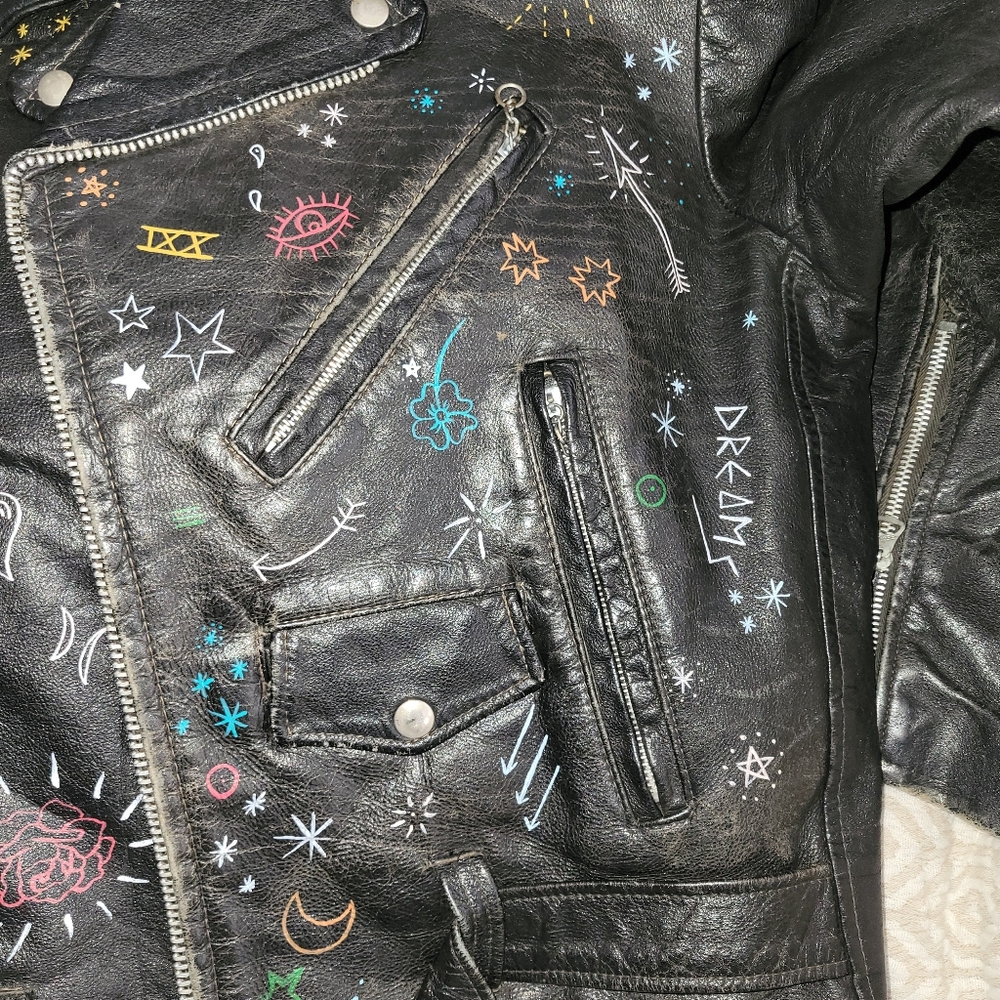 Urban Outfitters Black Leather Jacket with Colorful Artistic Accents - Picture 6 of 11